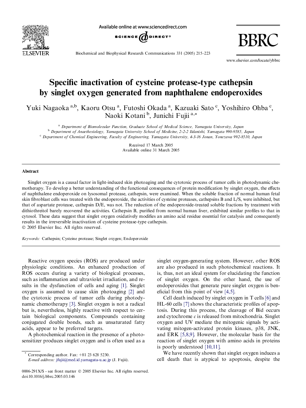 Specific inactivation of cysteine protease-type cathepsin by singlet oxygen generated from naphthalene endoperoxides