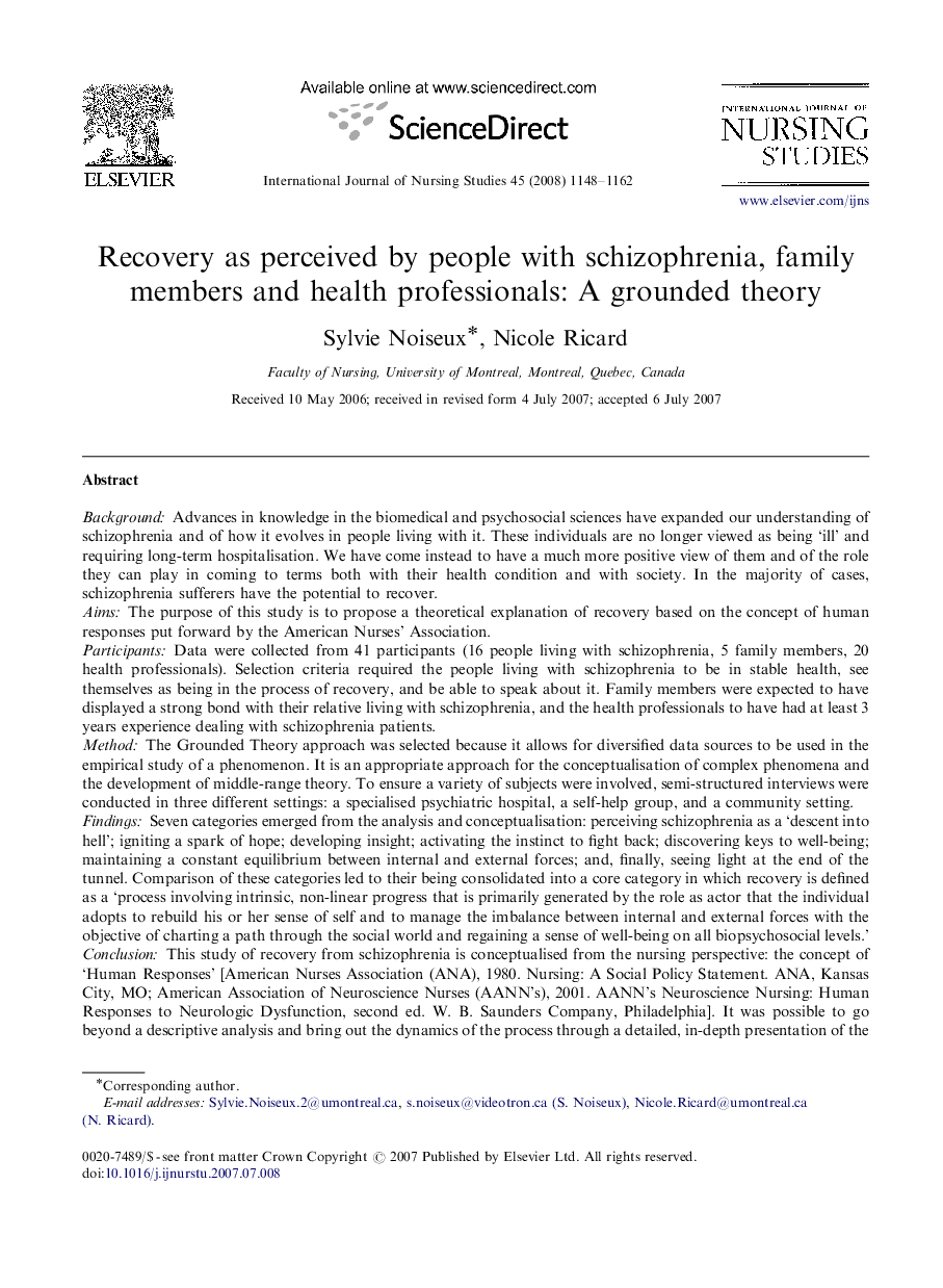 Recovery as perceived by people with schizophrenia, family members and health professionals: A grounded theory