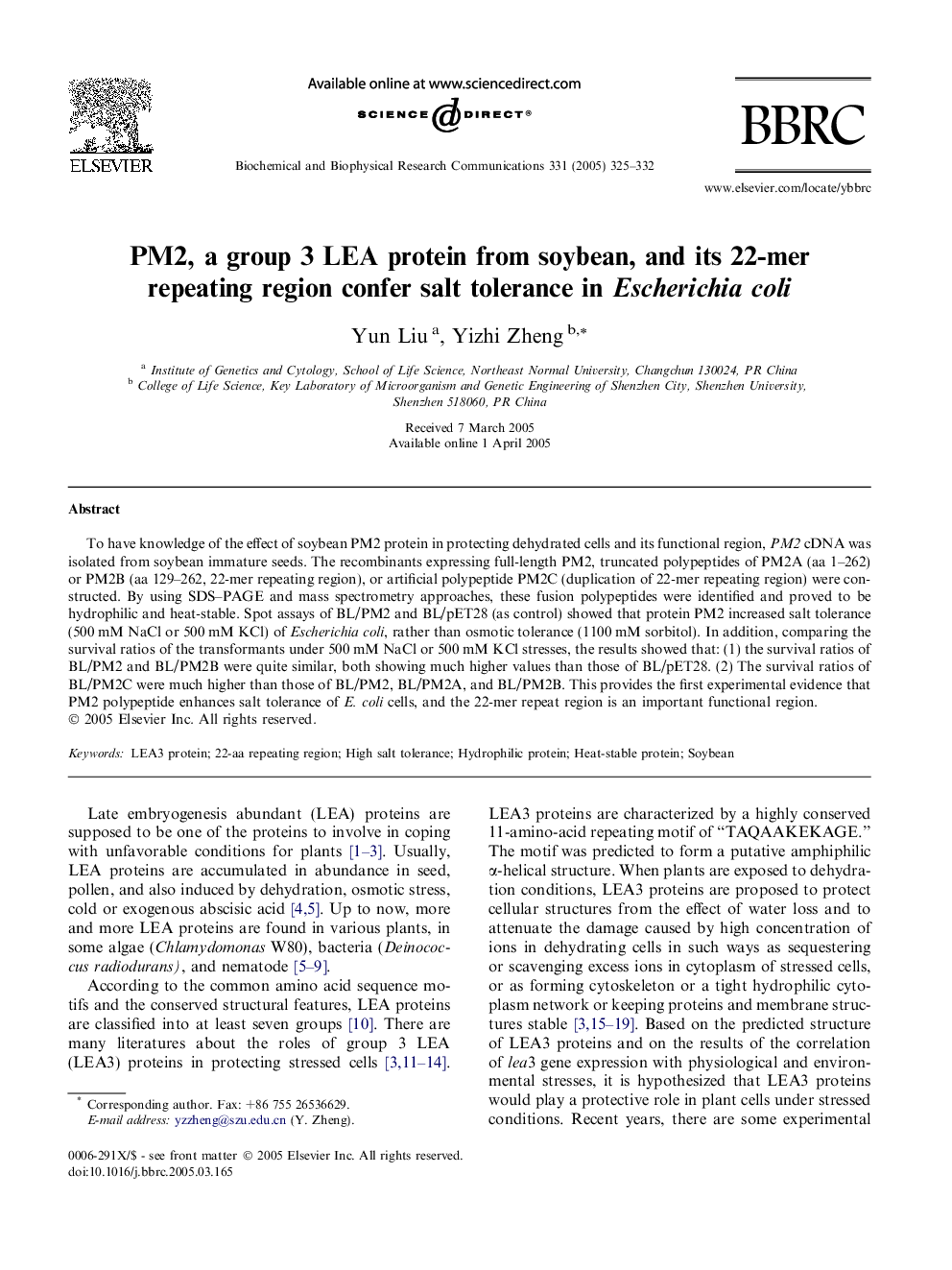 PM2, a group 3 LEA protein from soybean, and its 22-mer repeating region confer salt tolerance in Escherichia coli