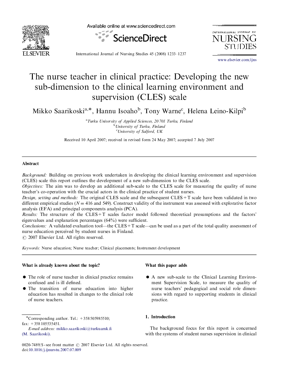 The nurse teacher in clinical practice: Developing the new sub-dimension to the clinical learning environment and supervision (CLES) scale