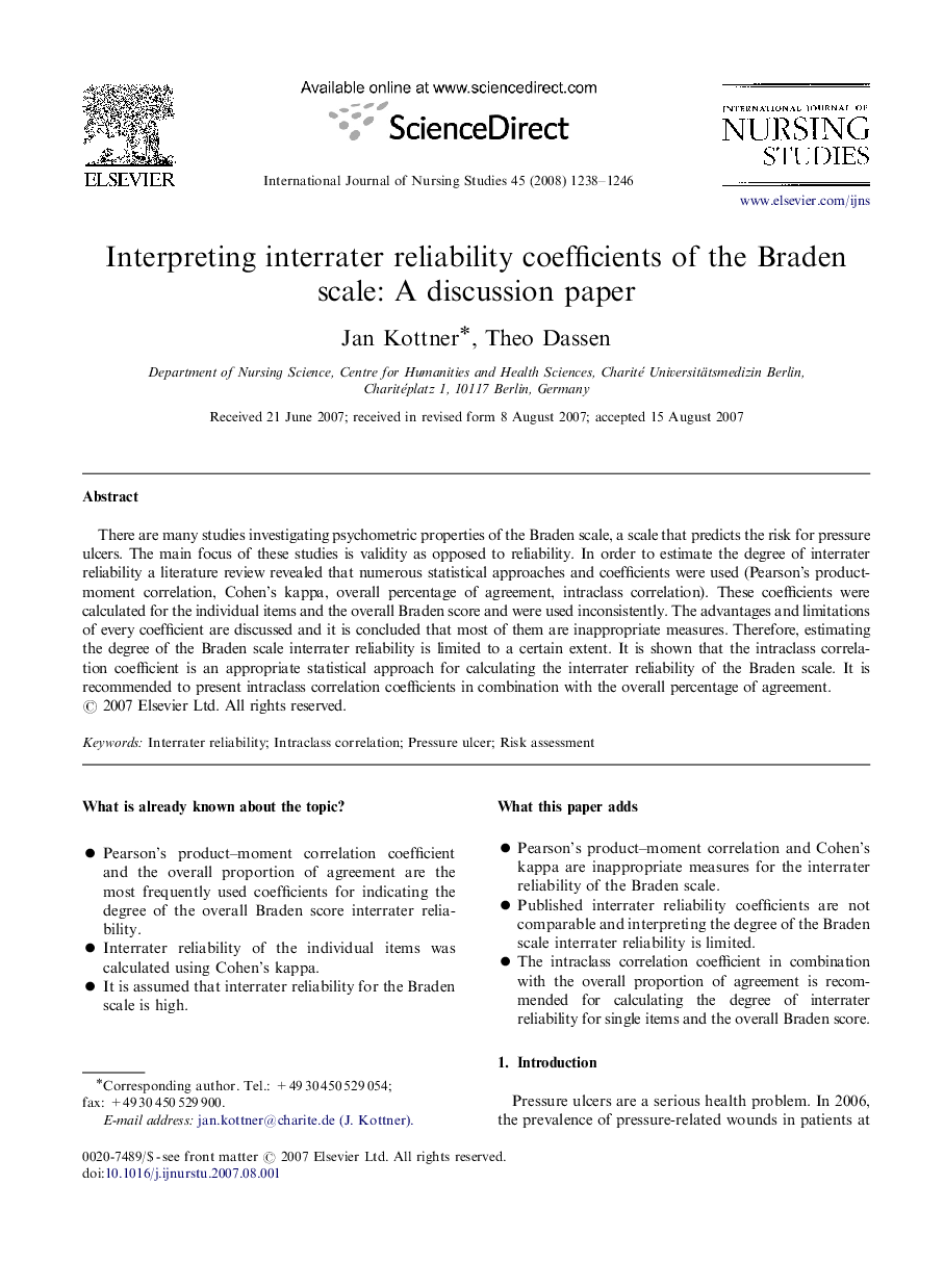 Interpreting interrater reliability coefficients of the Braden scale: A discussion paper