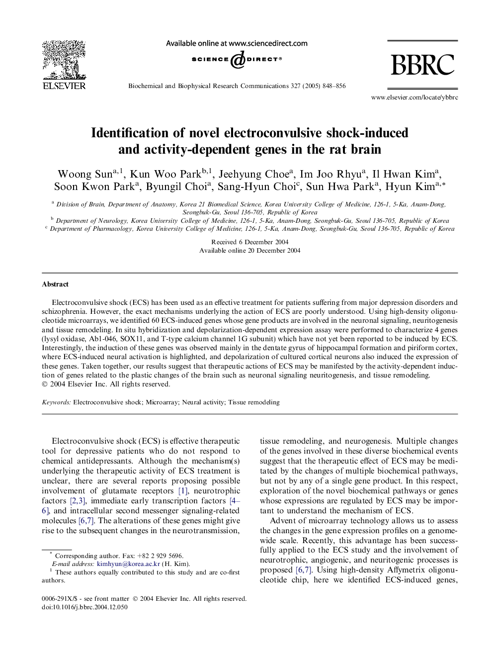 Identification of novel electroconvulsive shock-induced and activity-dependent genes in the rat brain