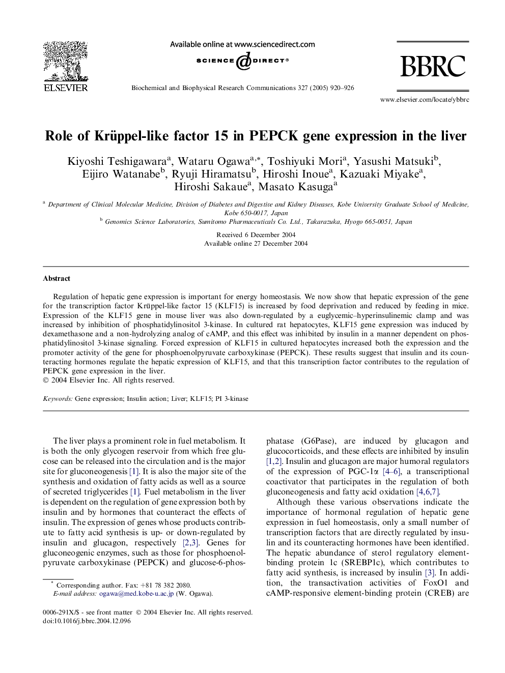 Role of Krüppel-like factor 15 in PEPCK gene expression in the liver