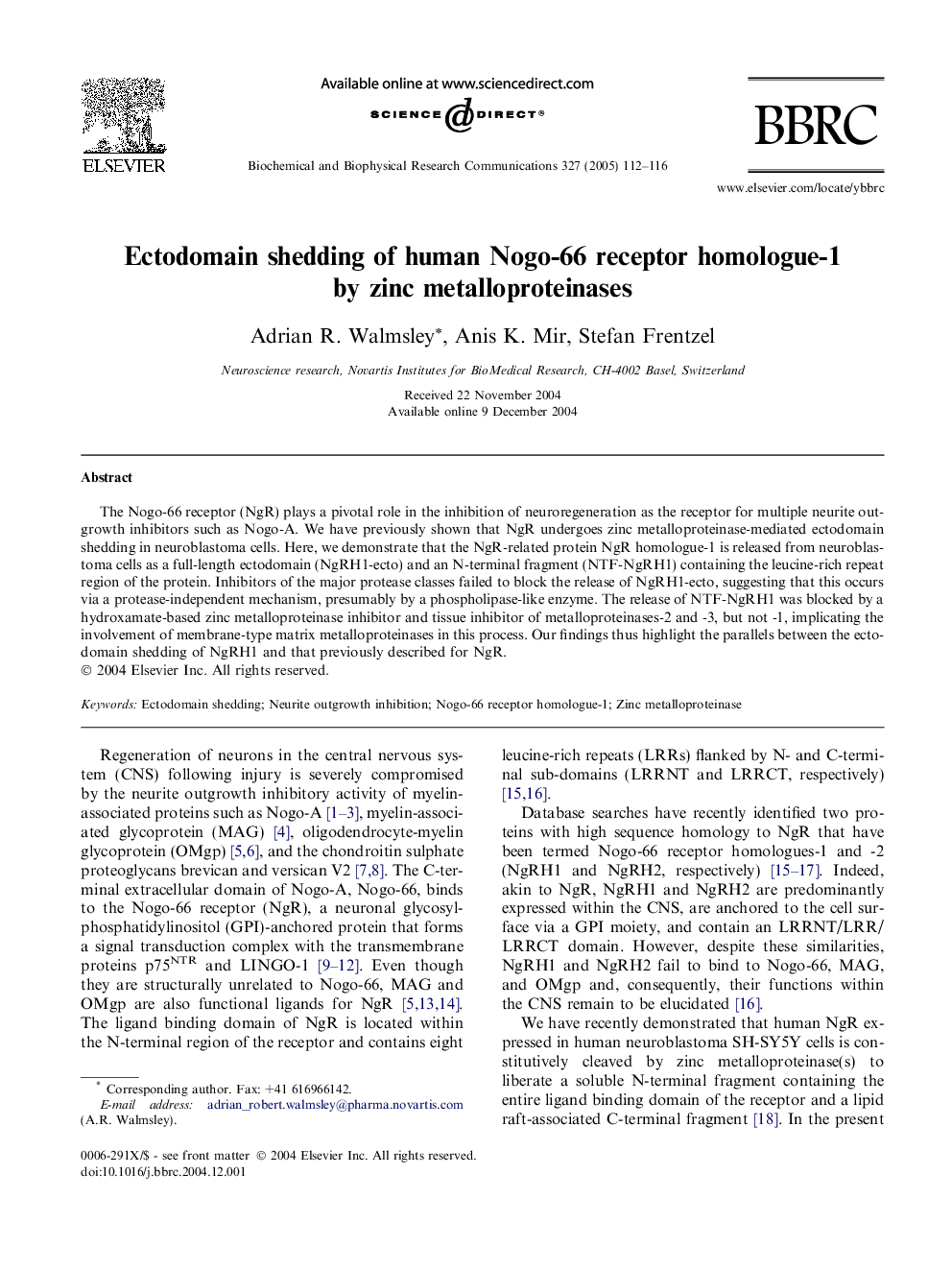 Ectodomain shedding of human Nogo-66 receptor homologue-1 by zinc metalloproteinases