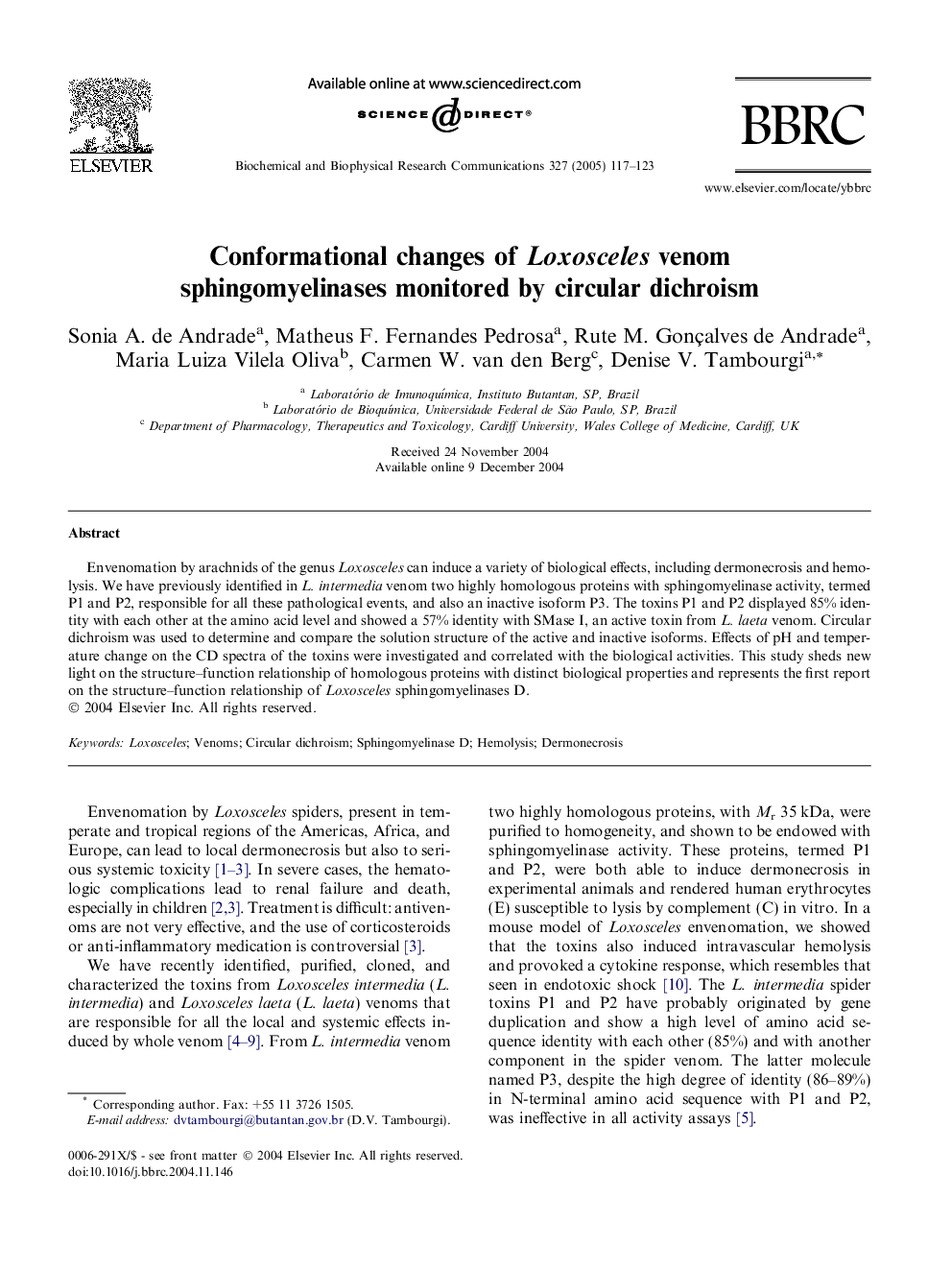 Conformational changes of Loxosceles venom sphingomyelinases monitored by circular dichroism