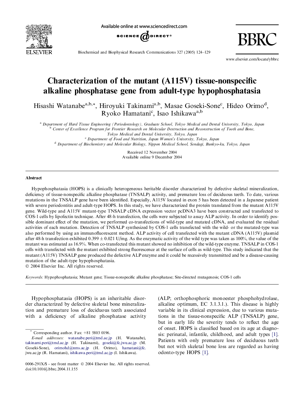 Characterization of the mutant (A115V) tissue-nonspecific alkaline phosphatase gene from adult-type hypophosphatasia