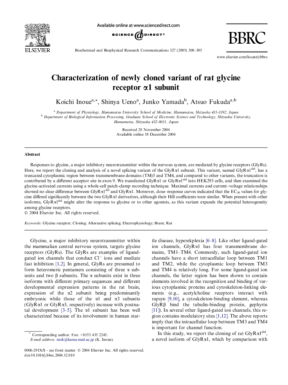 Characterization of newly cloned variant of rat glycine receptor Î±1 subunit