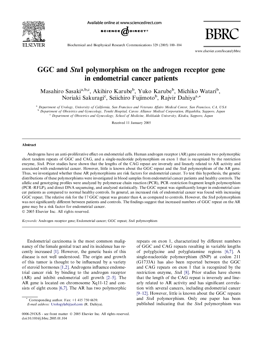 GGC and StuI polymorphism on the androgen receptor gene in endometrial cancer patients