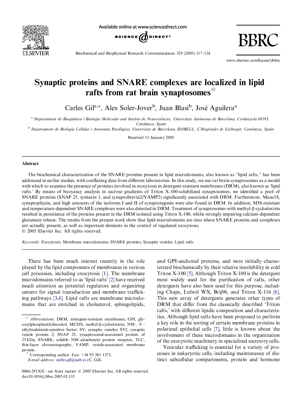 Synaptic proteins and SNARE complexes are localized in lipid rafts from rat brain synaptosomes