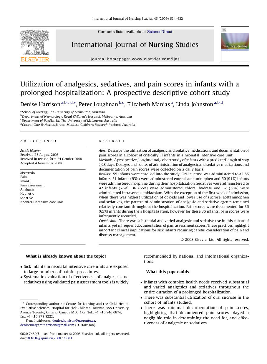 Utilization of analgesics, sedatives, and pain scores in infants with a prolonged hospitalization: A prospective descriptive cohort study