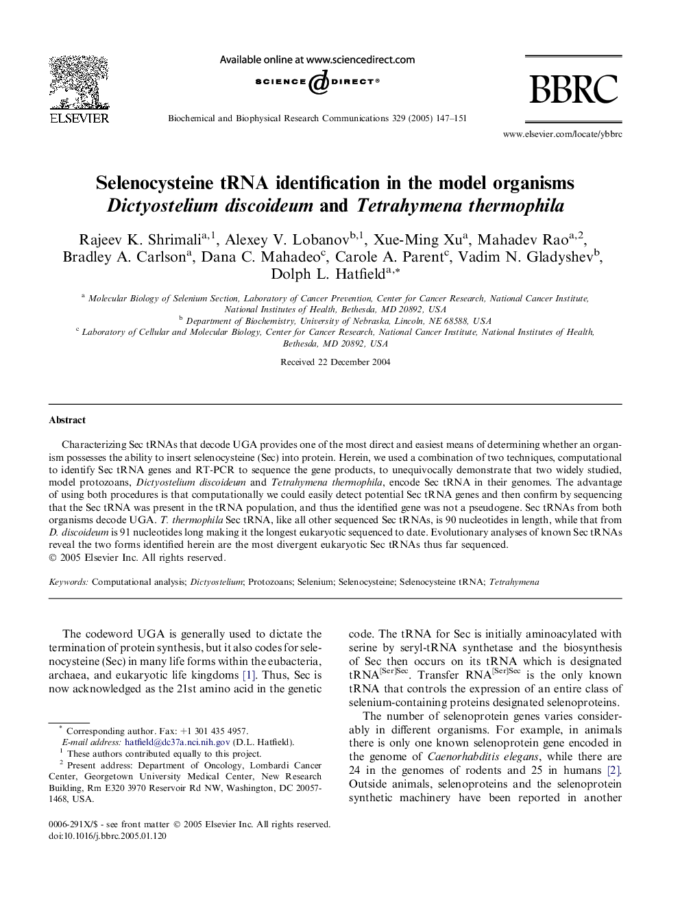 Selenocysteine tRNA identification in the model organisms Dictyostelium discoideum and Tetrahymena thermophila