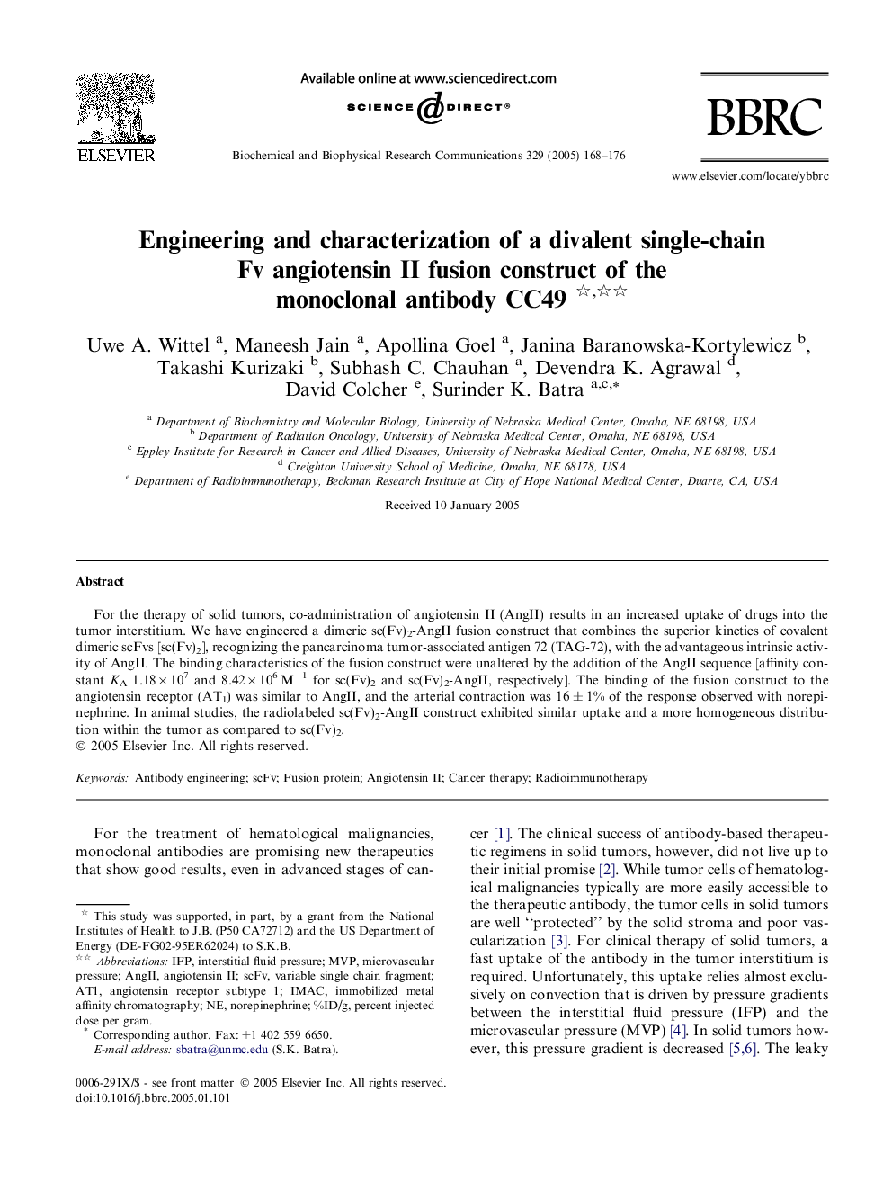 Engineering and characterization of a divalent single-chain Fv angiotensin II fusion construct of the monoclonal antibody CC49