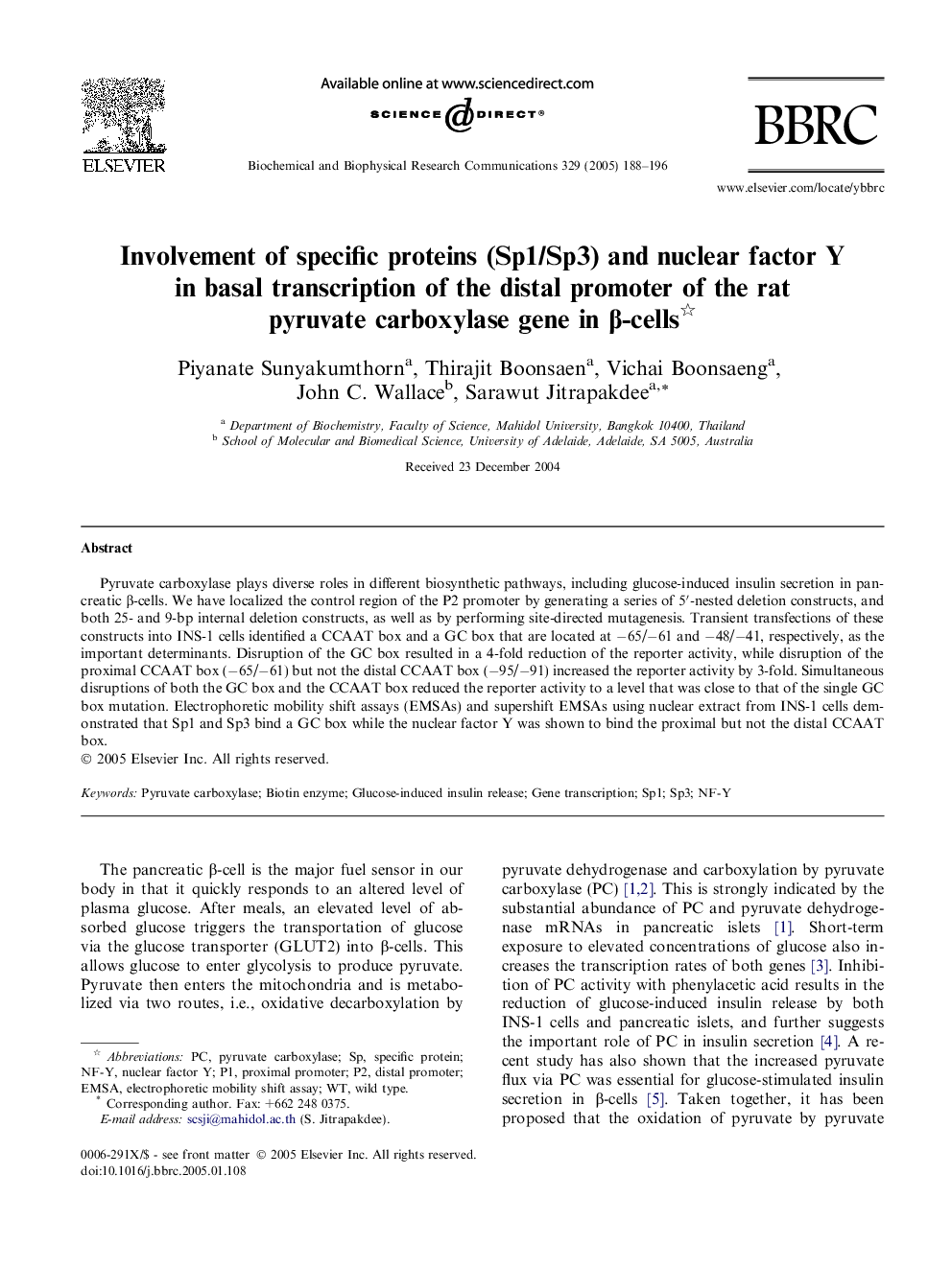 Involvement of specific proteins (Sp1/Sp3) and nuclear factor Y in basal transcription of the distal promoter of the rat pyruvate carboxylase gene in Î²-cells