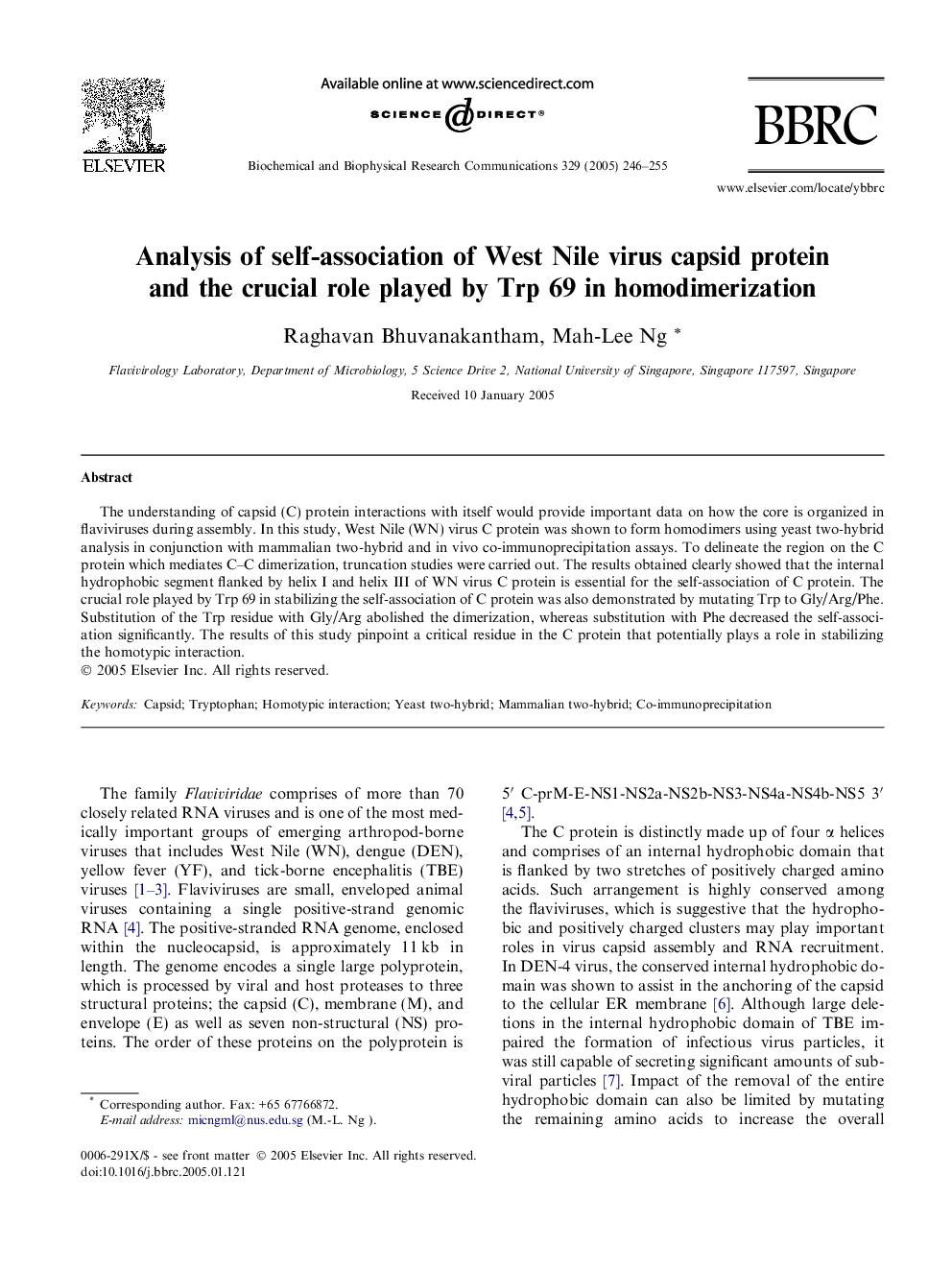 Analysis of self-association of West Nile virus capsid protein and the crucial role played by Trp 69 in homodimerization