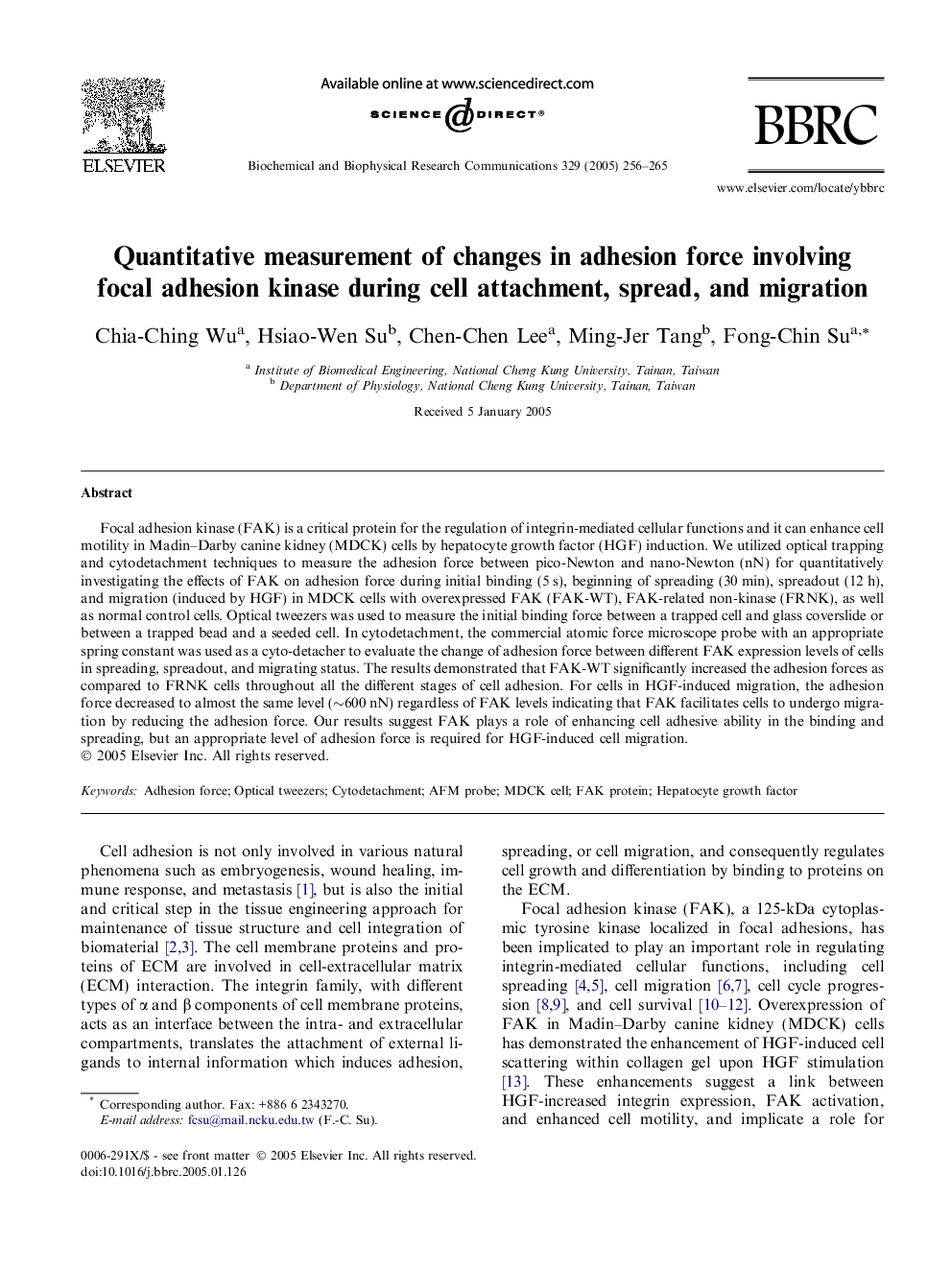 Quantitative measurement of changes in adhesion force involving focal adhesion kinase during cell attachment, spread, and migration