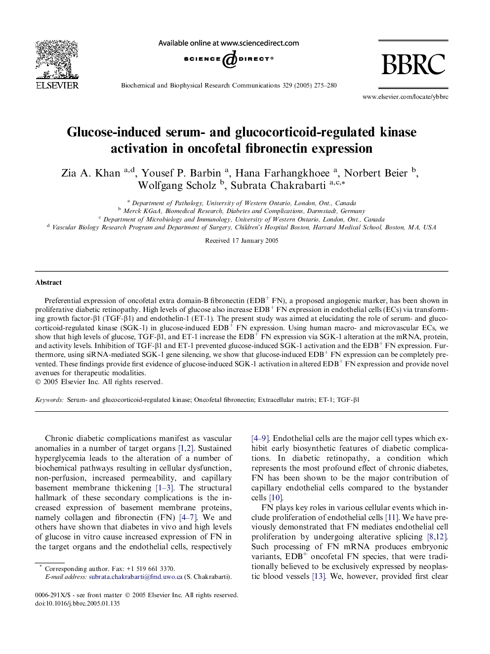 Glucose-induced serum- and glucocorticoid-regulated kinase activation in oncofetal fibronectin expression