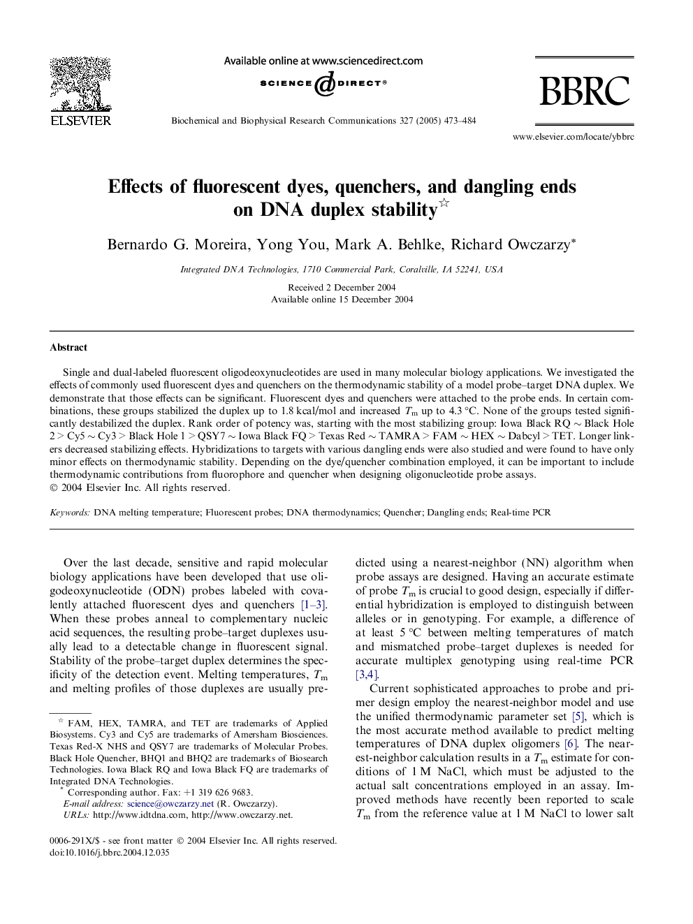 Effects of fluorescent dyes, quenchers, and dangling ends on DNA duplex stability