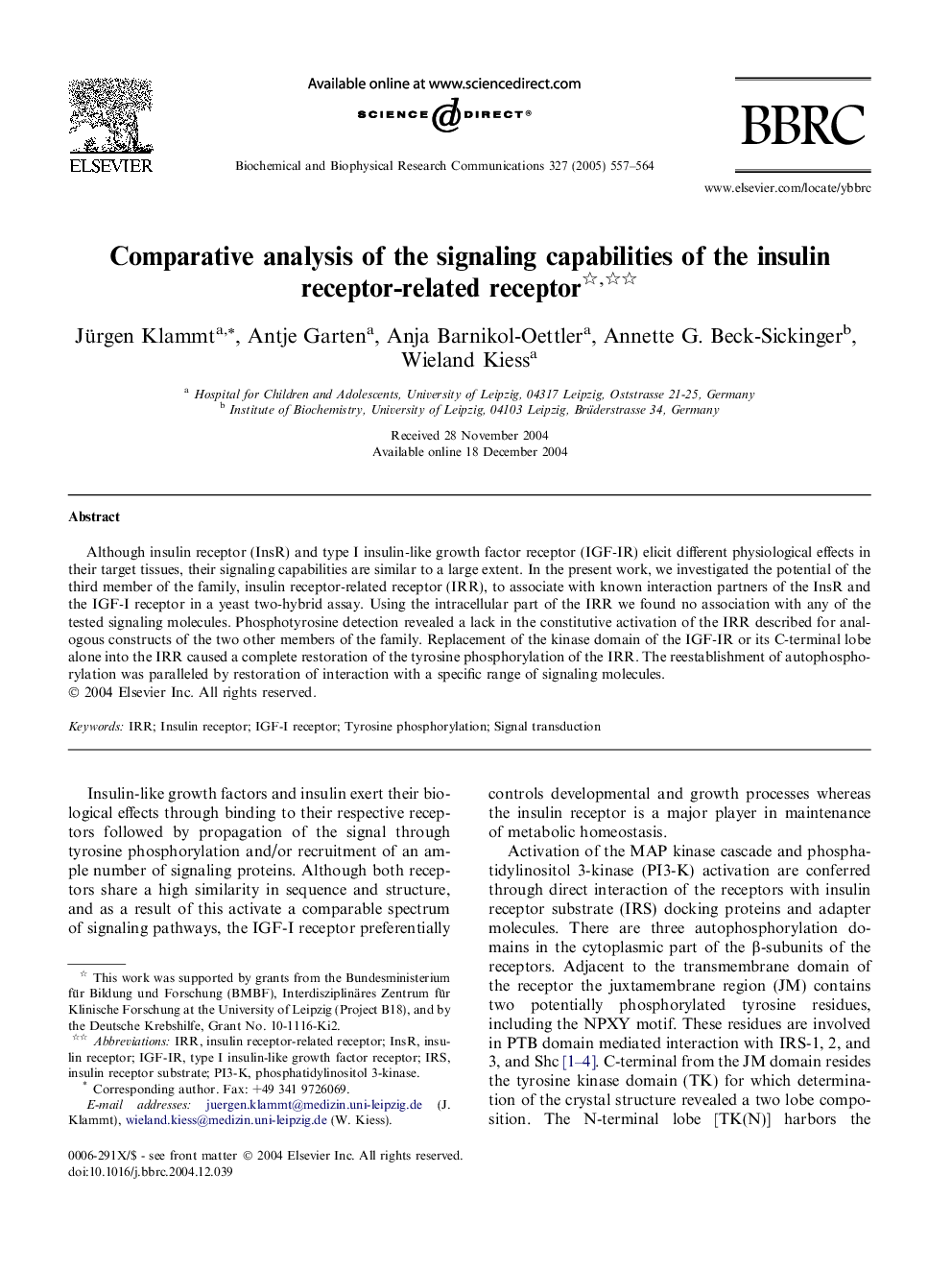 Comparative analysis of the signaling capabilities of the insulin receptor-related receptor