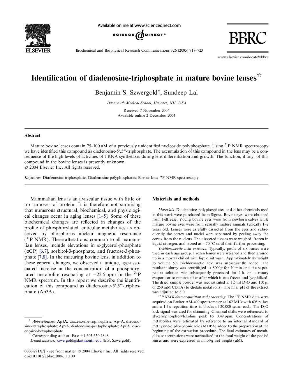 Identification of diadenosine-triphosphate in mature bovine lenses