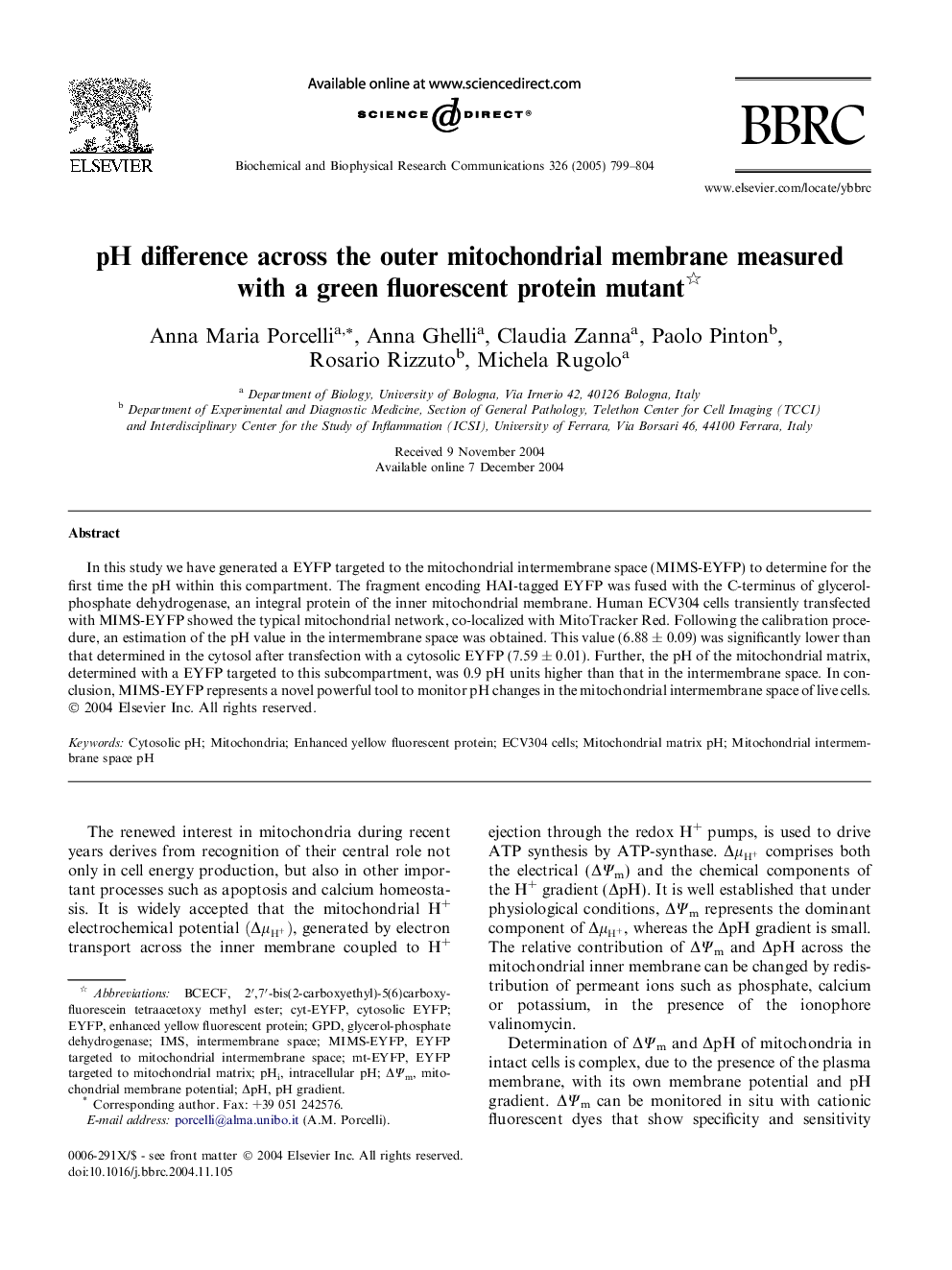 pH difference across the outer mitochondrial membrane measured with a green fluorescent protein mutant