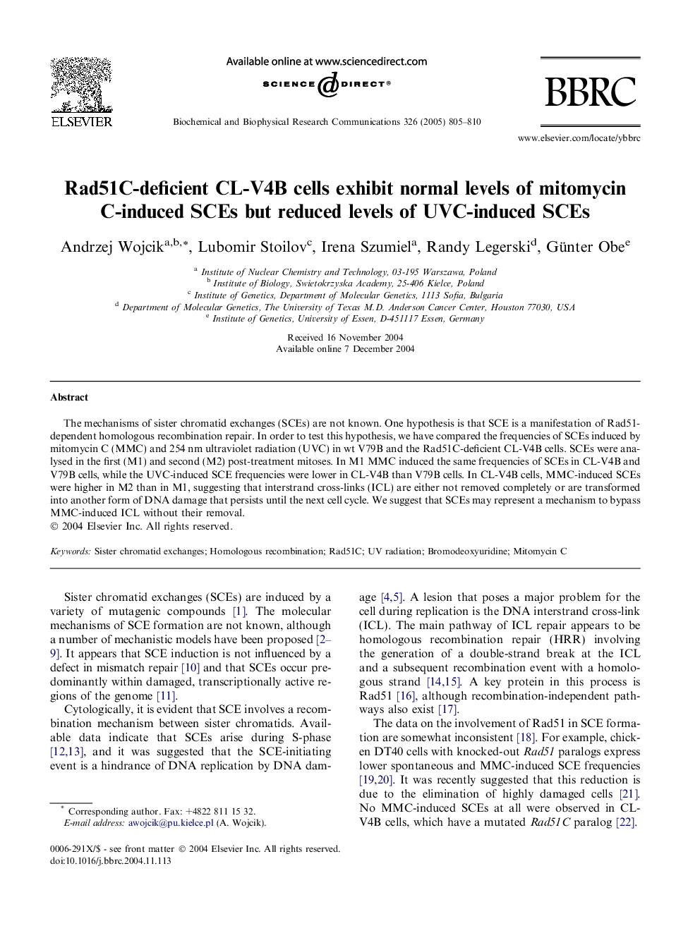 Rad51C-deficient CL-V4B cells exhibit normal levels of mitomycin C-induced SCEs but reduced levels of UVC-induced SCEs