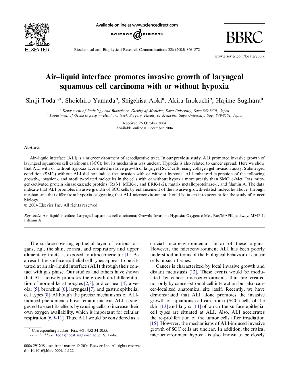 Air-liquid interface promotes invasive growth of laryngeal squamous cell carcinoma with or without hypoxia