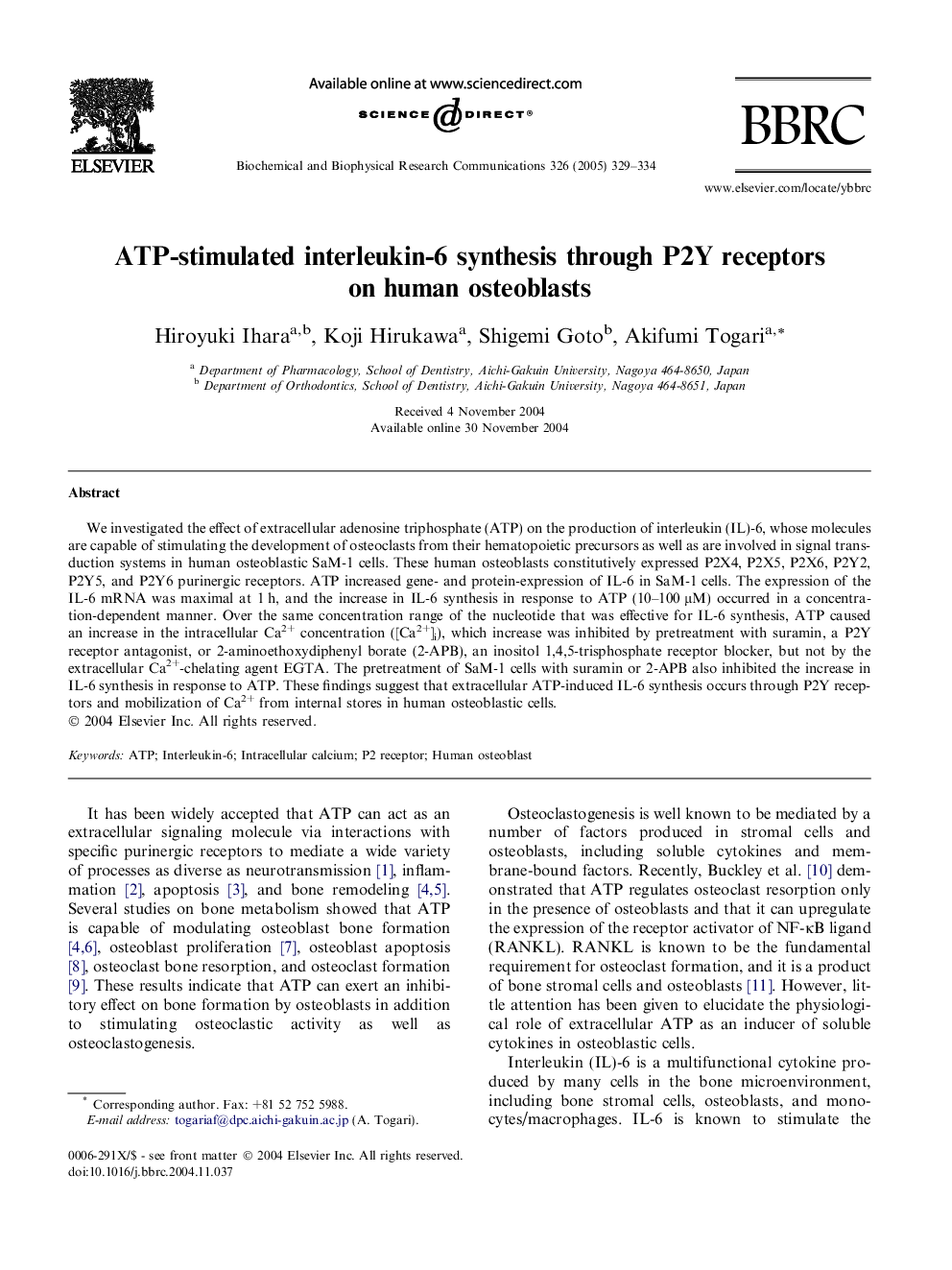 ATP-stimulated interleukin-6 synthesis through P2Y receptors on human osteoblasts