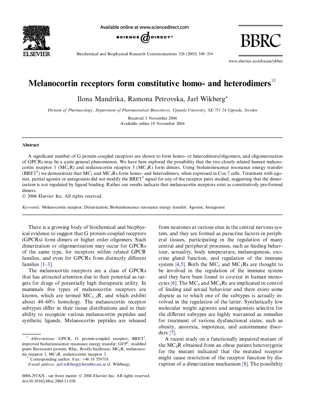 Melanocortin receptors form constitutive homo- and heterodimers