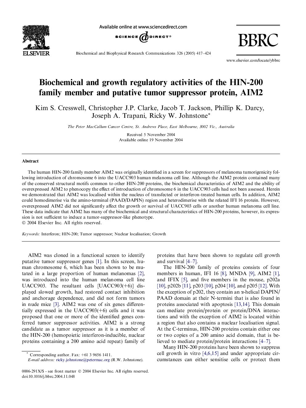 Biochemical and growth regulatory activities of the HIN-200 family member and putative tumor suppressor protein, AIM2