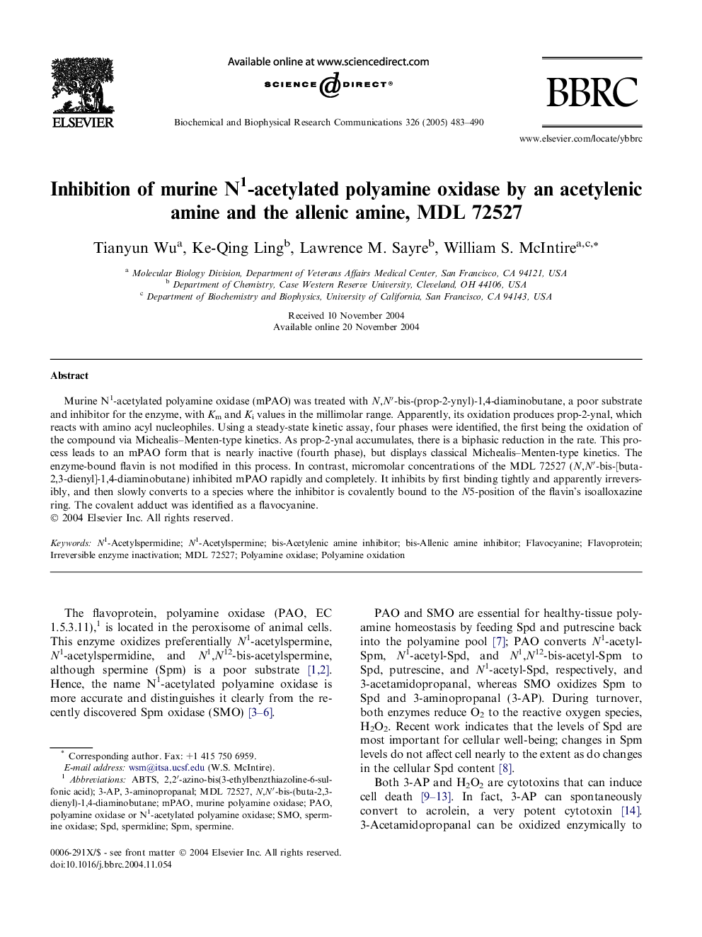 Inhibition of murine N1-acetylated polyamine oxidase by an acetylenic amine and the allenic amine, MDL 72527