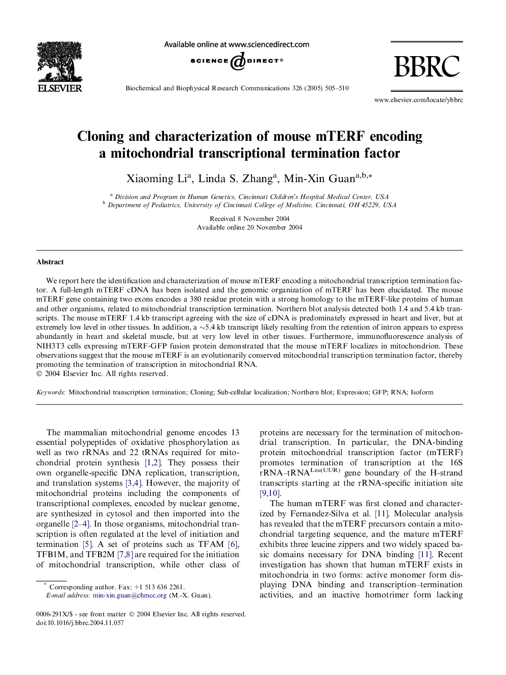 Cloning and characterization of mouse mTERF encoding a mitochondrial transcriptional termination factor