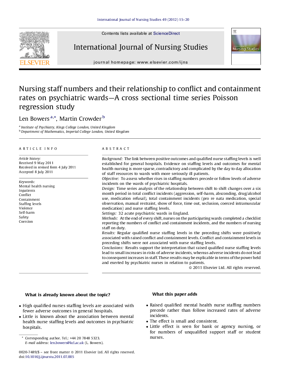 Nursing staff numbers and their relationship to conflict and containment rates on psychiatric wards—A cross sectional time series Poisson regression study