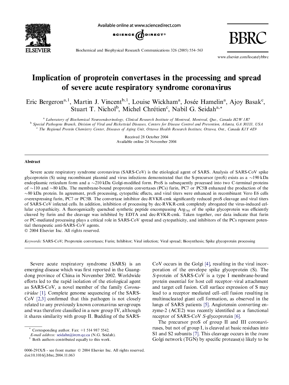 Implication of proprotein convertases in the processing and spread of severe acute respiratory syndrome coronavirus