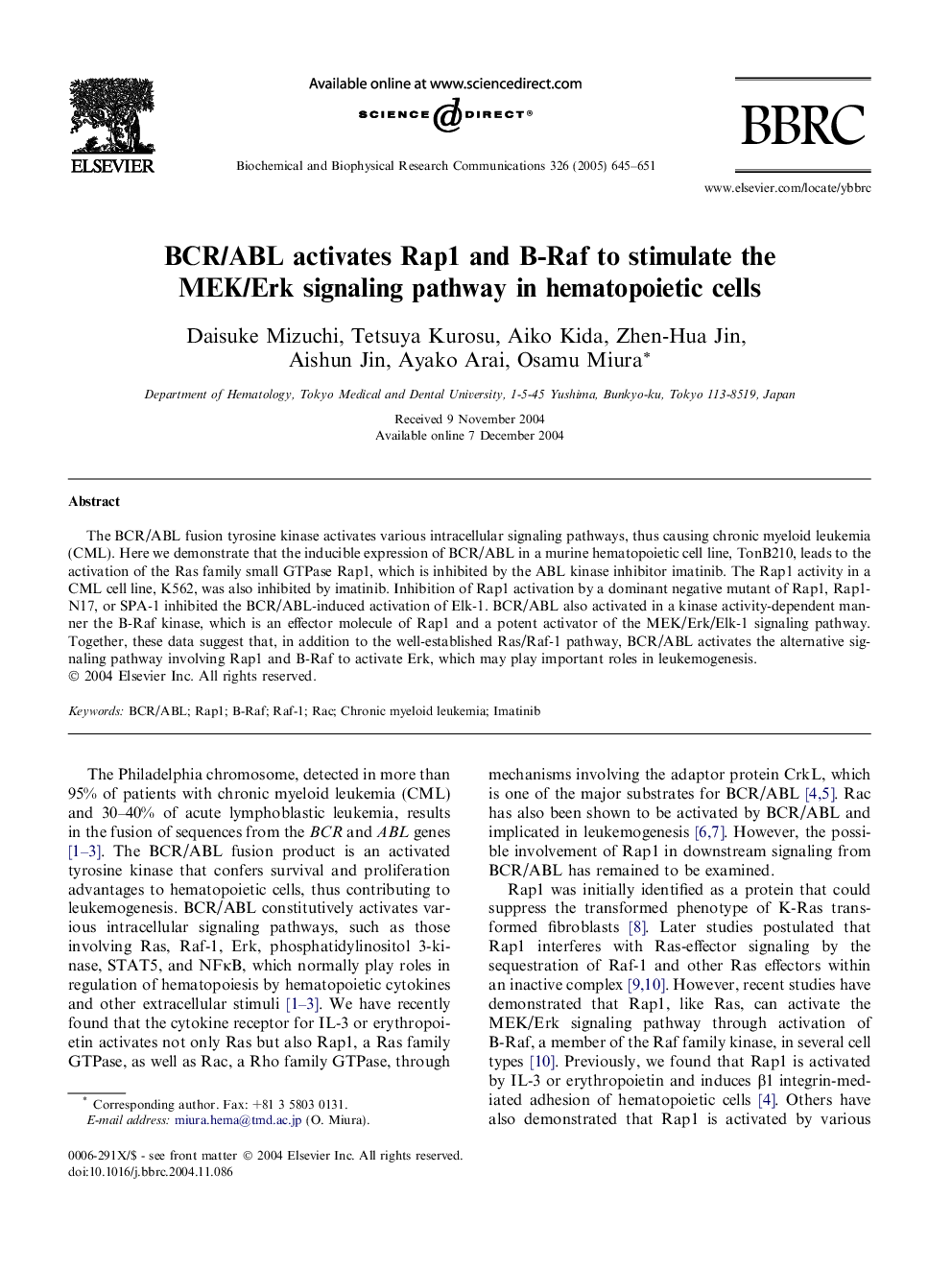 BCR/ABL activates Rap1 and B-Raf to stimulate the MEK/Erk signaling pathway in hematopoietic cells