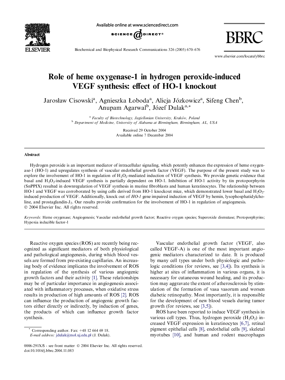 Role of heme oxygenase-1 in hydrogen peroxide-induced VEGF synthesis: effect of HO-1 knockout