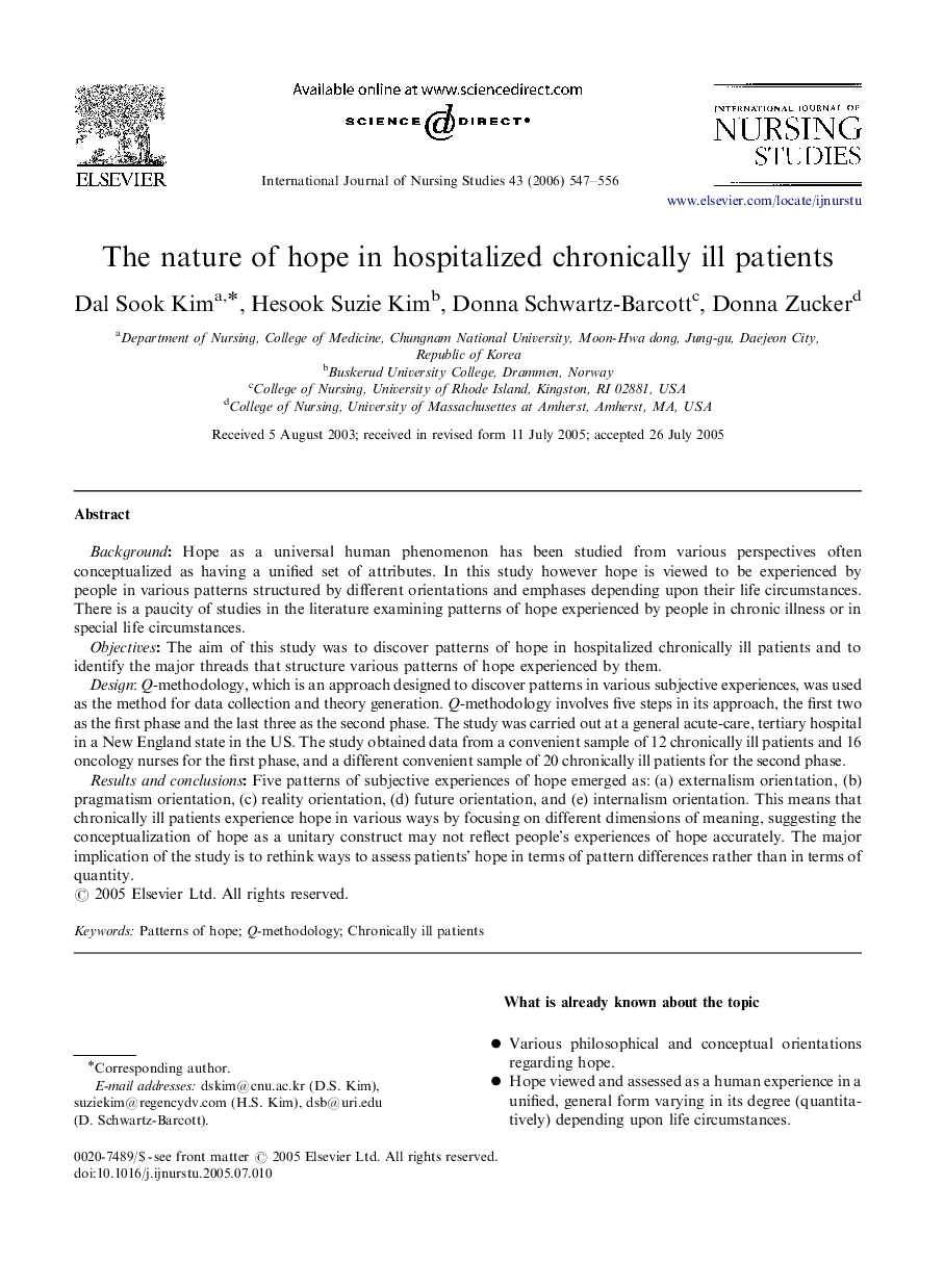 The nature of hope in hospitalized chronically ill patients