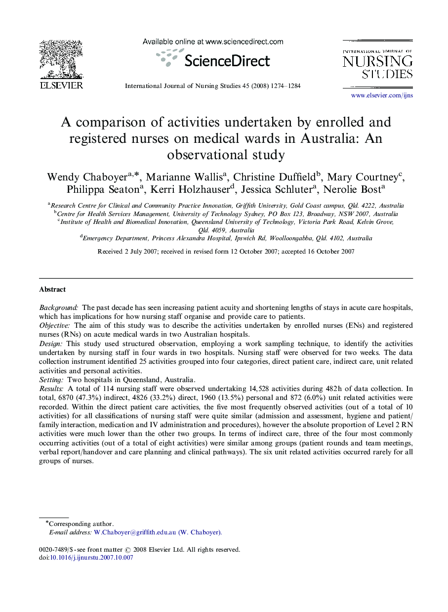 A comparison of activities undertaken by enrolled and registered nurses on medical wards in Australia: An observational study