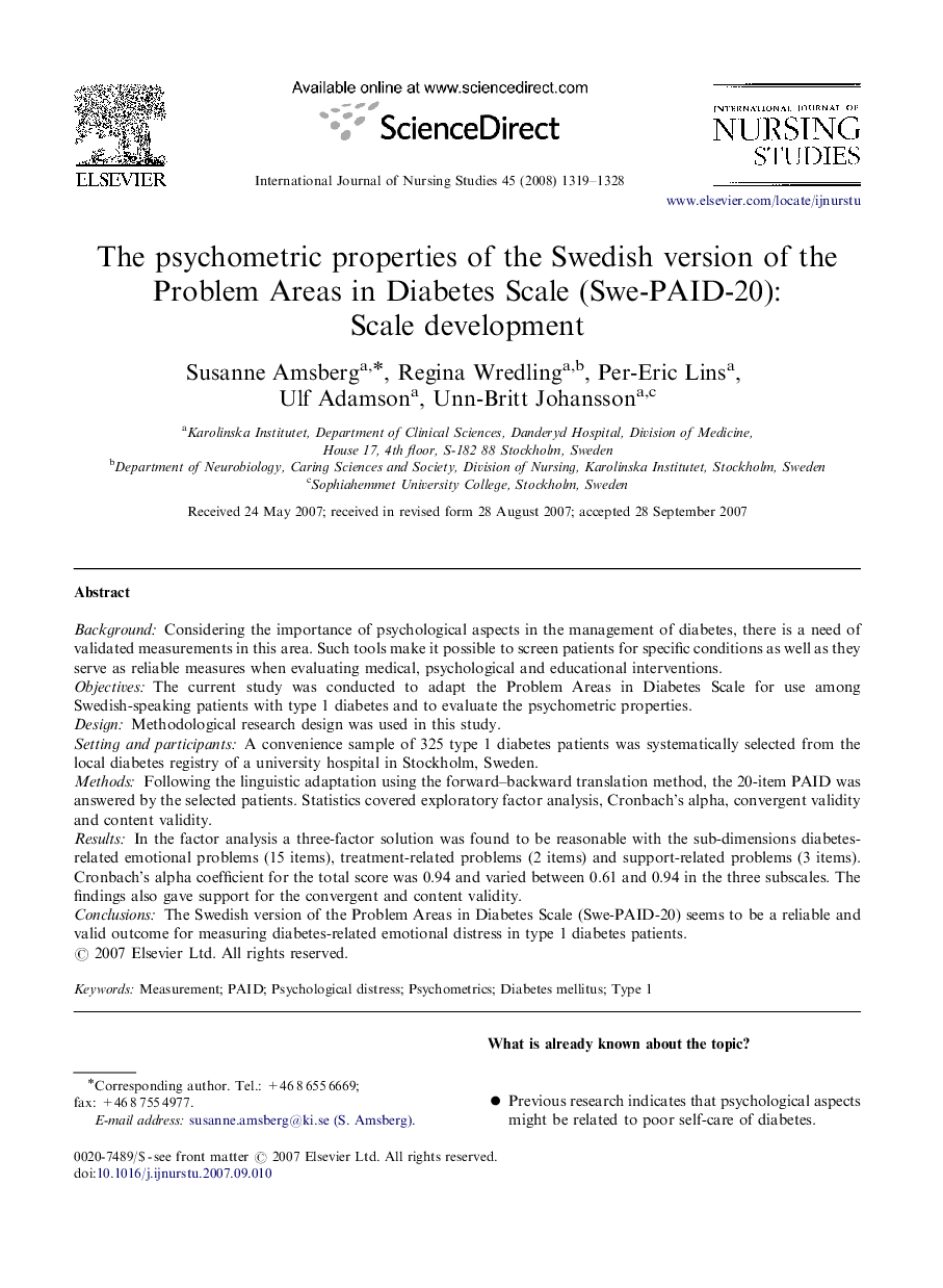 The psychometric properties of the Swedish version of the Problem Areas in Diabetes Scale (Swe-PAID-20): Scale development