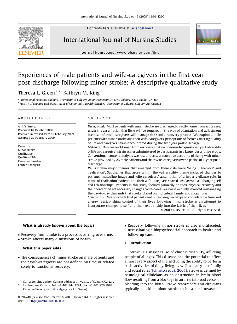 Experiences of male patients and wife-caregivers in the first year post-discharge following minor stroke: A descriptive qualitative study