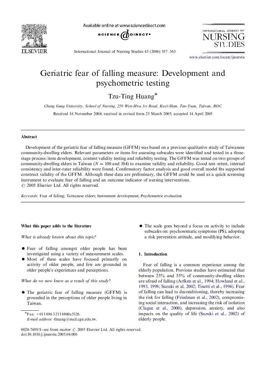 Geriatric fear of falling measure: Development and psychometric testing