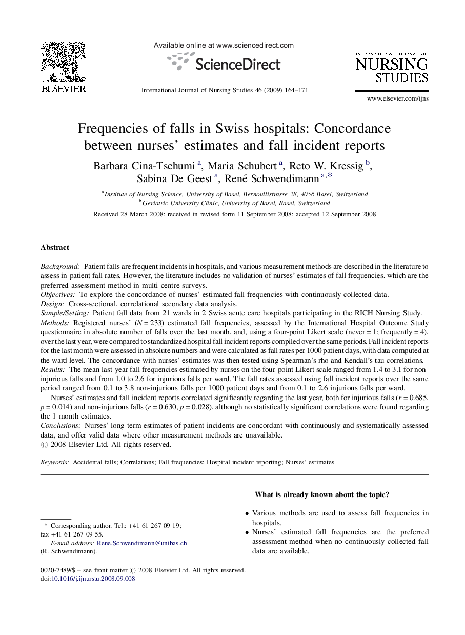 Frequencies of falls in Swiss hospitals: Concordance between nurses’ estimates and fall incident reports