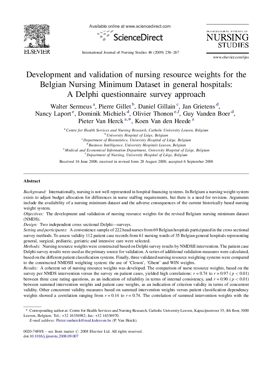 Development and validation of nursing resource weights for the Belgian Nursing Minimum Dataset in general hospitals: A Delphi questionnaire survey approach