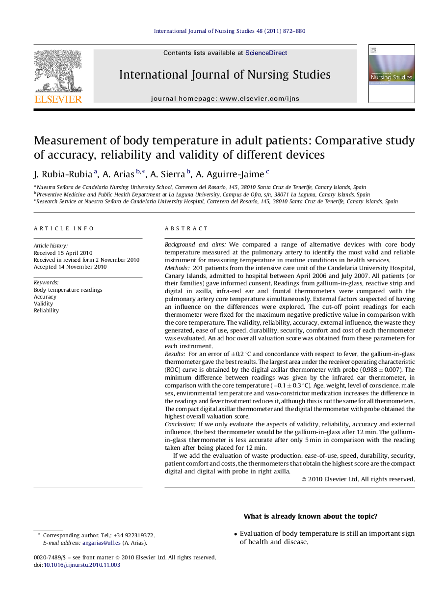 Measurement of body temperature in adult patients: Comparative study of accuracy, reliability and validity of different devices