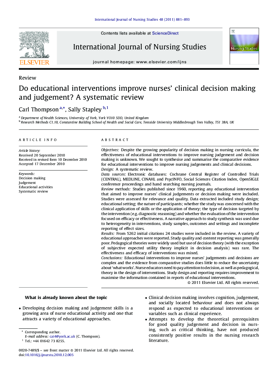 Do educational interventions improve nurses’ clinical decision making and judgement? A systematic review