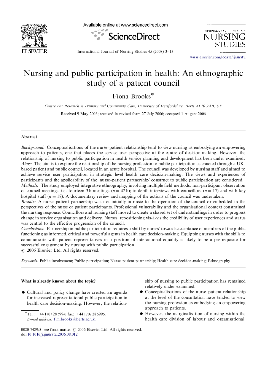 Nursing and public participation in health: An ethnographic study of a patient council