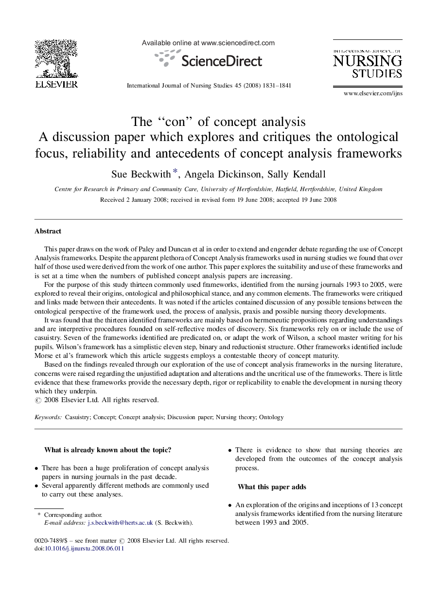 The “con” of concept analysis: A discussion paper which explores and critiques the ontological focus, reliability and antecedents of concept analysis frameworks