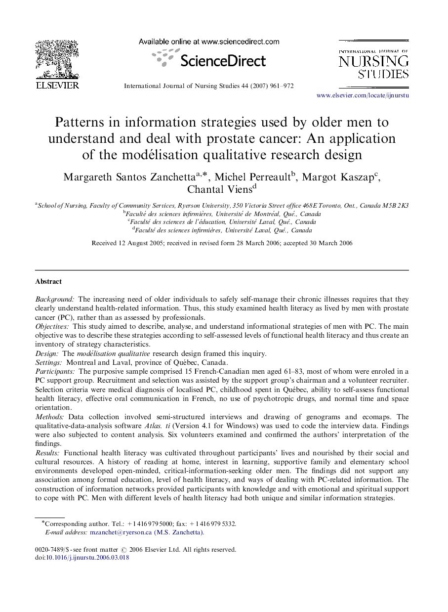 Patterns in information strategies used by older men to understand and deal with prostate cancer: An application of the modélisation qualitative research design