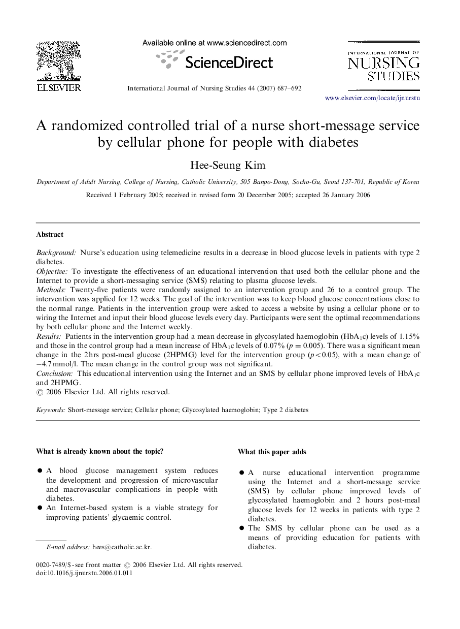 A randomized controlled trial of a nurse short-message service by cellular phone for people with diabetes