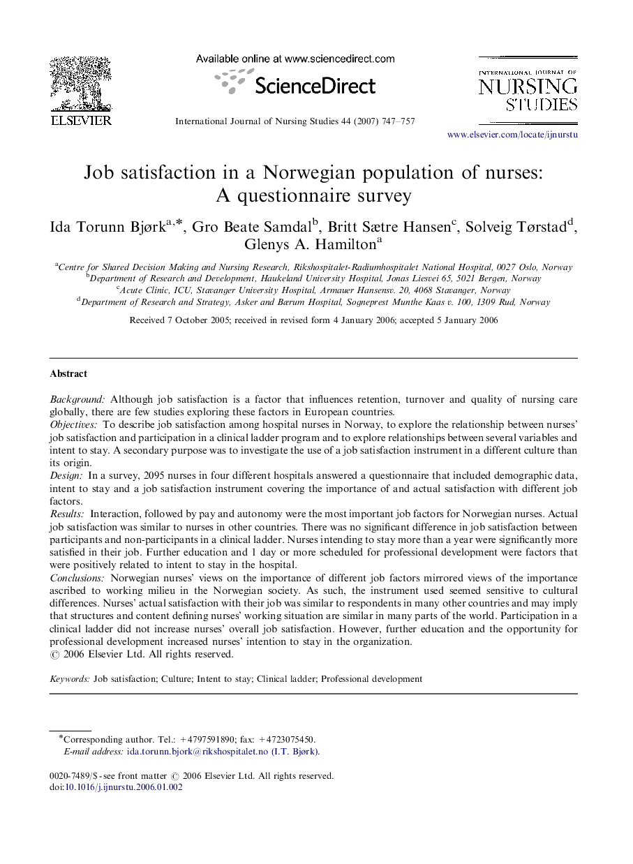 Job satisfaction in a Norwegian population of nurses: A questionnaire survey