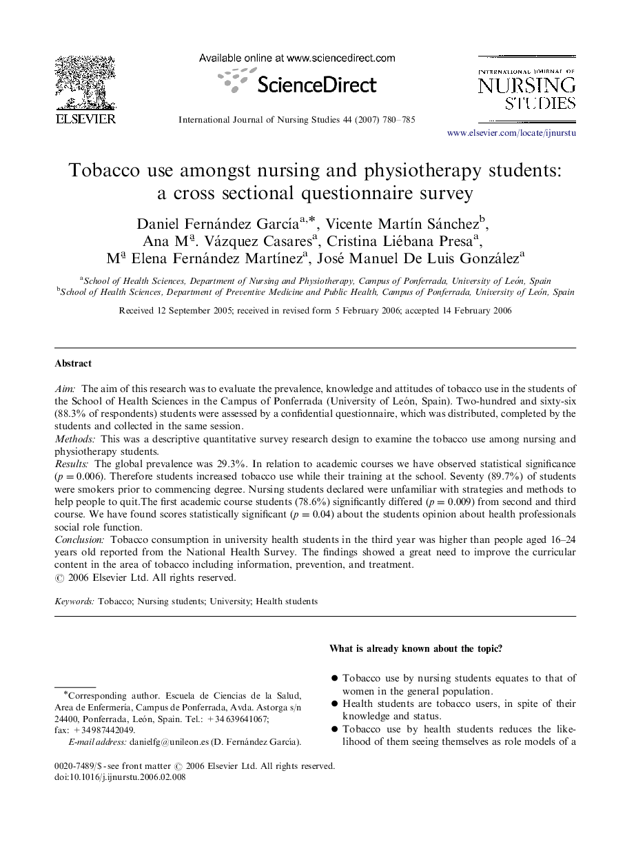 Tobacco use amongst nursing and physiotherapy students: a cross sectional questionnaire survey